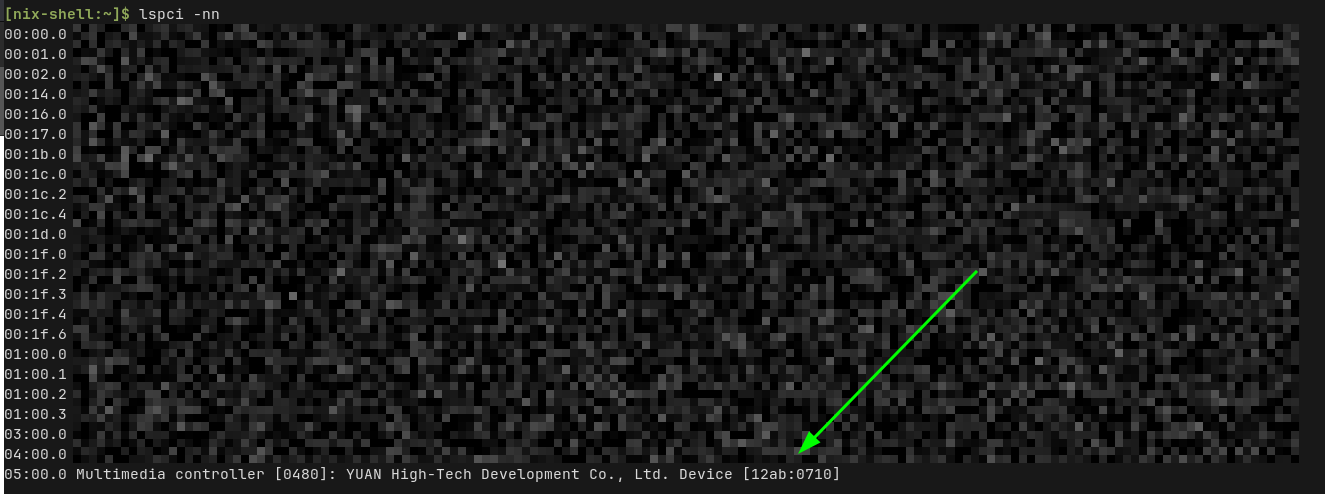 The output of lspci -nn showing my device ID as being 12ab:0710.