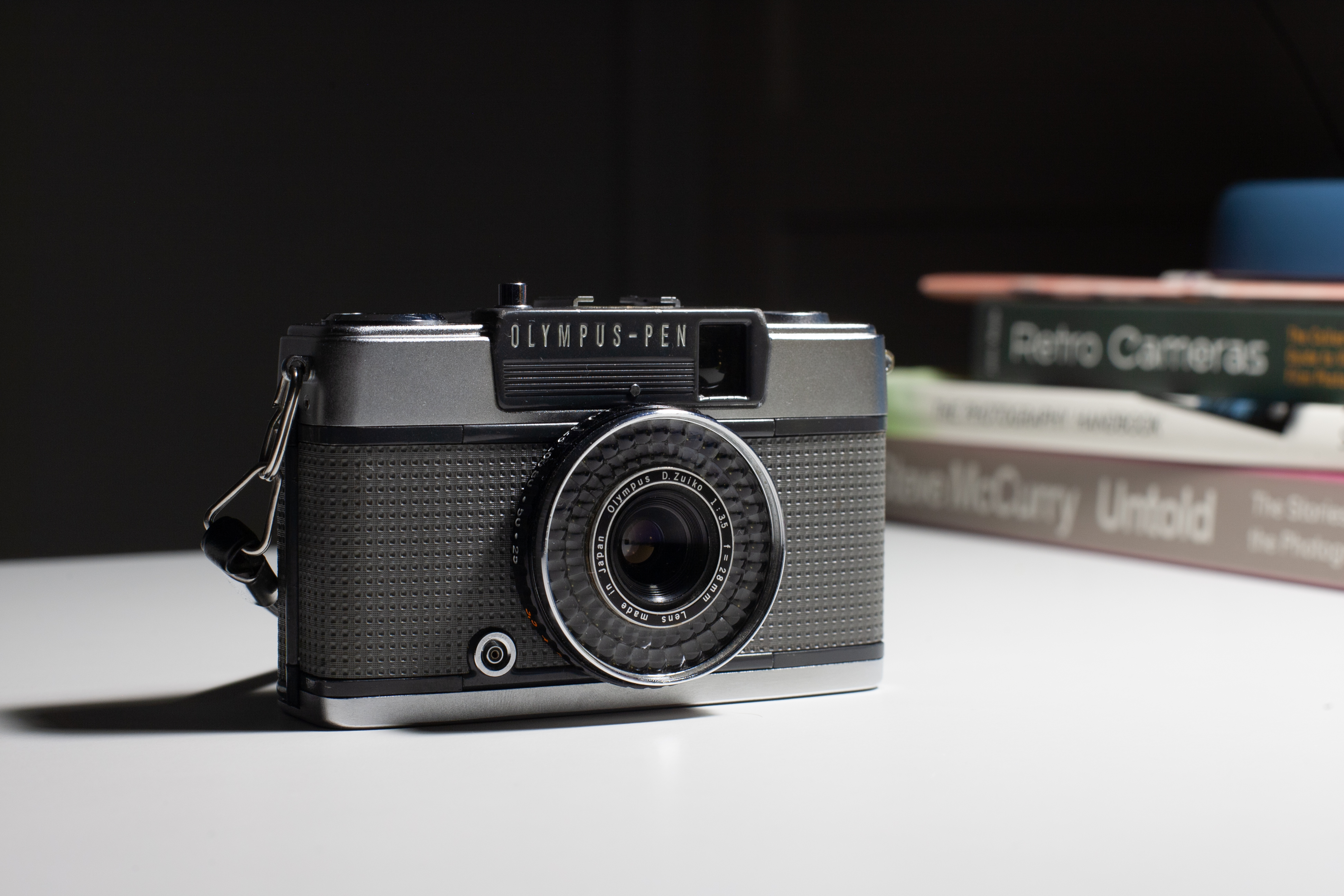 A picture of the front of the camera, lit by a lamp above.
